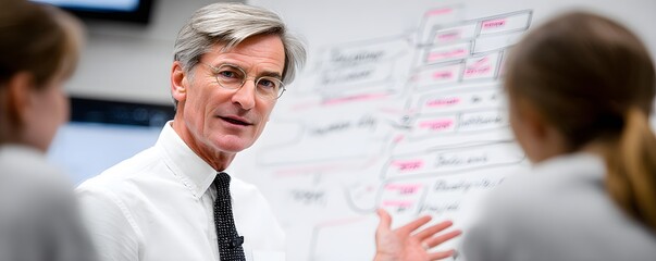 Poster - An editorial shot of a financial advisor using a whiteboard to explain budgeting to a family, editorial photography style