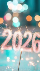 Poster - Glittering 2026 Christmas numerals sparkling with firework effects, illuminating blurred colorful light bokeh background, marking festive new year celebration
