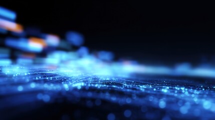 Fototapete - Futuristic close up of glowing digital blockchain data points in blue at night