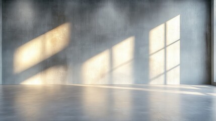 Poster - A minimalist industrial scene featuring a concrete wall illuminated by soft sunlight, creating geometric shadows that evoke a sense of calm and tranquility in modern settings.
