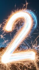 Poster - Number two created by light painting with bright pink and white sparkles on dark background with reflections