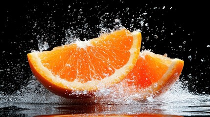 Poster - This vibrant image captures fresh orange slices beautifully splashing in water, showcasing the juiciness and vibrant color of the fruit against a black background.