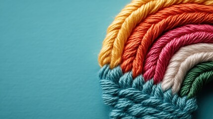 Poster - A close-up view of colorful yarn meticulously arranged in a rainbow pattern, showcasing vibrant hues and textures that evoke creativity and warmth in crafting art.