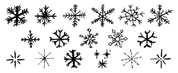 Poster - Christmas snowflake set with wax black crayon or charcoal texture. Quirky chalkboard style, perfect for kindergarten Xmas crafts, cards and holiday designs. Vector illustration drawn as if by a child