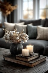 Poster - Modern cozy living room interior with decorative flowers candles and soft cushions