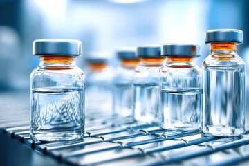 Aufkleber - Multiple glass vaccination vials arranged on metal rack in laboratory setting with blue background