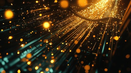 Poster - Luminous fiber optic cables creating a glowing web of light in a dark space abstract technology environment