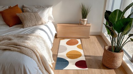 Poster - Cozy bedroom with modern decor including large plant window view and soft bedding