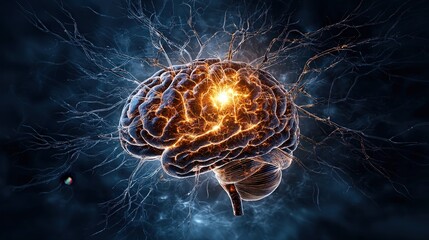 Aufkleber - Living neurons glow with energy in the brain science visualization digital art dark environment close-up view