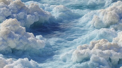 Poster - Wide shot view of ocean waves crashing with extensive foam and turbulent water scene