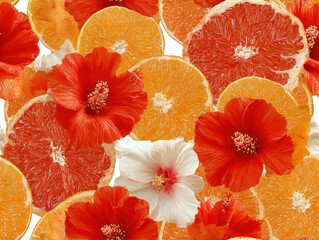 Poster - Bright and colorful assortment of fresh citrus fruits and vibrant hibiscus flowers