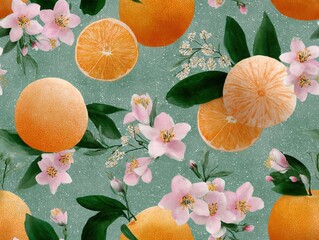 Poster - Bright citrus oranges and mandarin slices with delicate pink cherry blossoms on vibrant green background