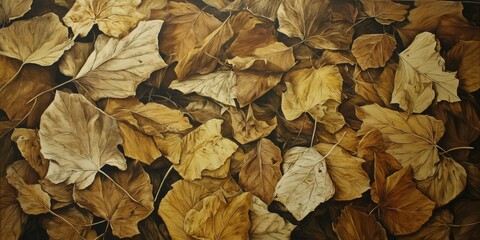 Poster - Detailed close-up view of autumn leaves in shades of brown and gold scattered on ground