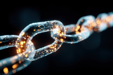 Fototapete - Close-up of a glowing digital chain with bright illuminated links and high contrast background