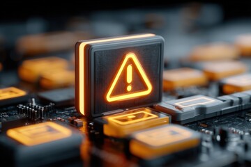 Poster - Close-up of illuminated warning icon on circuit board with electronic components and technology background
