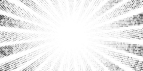 Poster - Dotted comic background with halftone pattern and radial rays. Pop art sunburst bg. Abstract manga vector backdrop.
