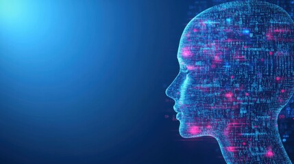 Fototapete - Digital human profile with futuristic data and technology overlay in blue light
