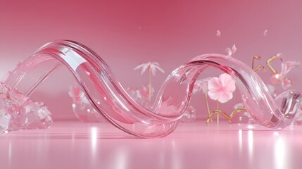 Aufkleber - Abstract pink glass sculpture with delicate flowers and floating elements on shiny surface