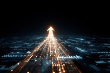 Fototapete - Futuristic digital arrow pointing upward over a glowing technological cityscape at night