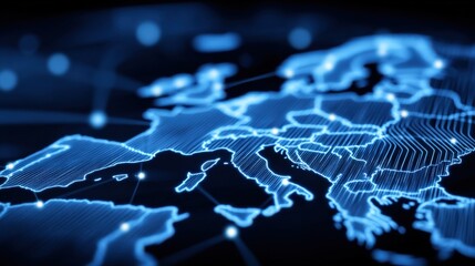 Poster - Futuristic Digital Map of Europe and Asia with Glowing Network Lines and Data Points