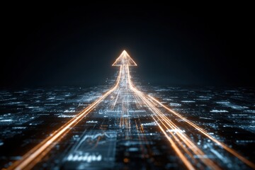 Poster - Futuristic glowing arrow pointing upward over a digital cityscape at night HDR