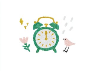 Poster - Whical colorful clock with a pink bird flower and rain in a playful hand-drawn style
