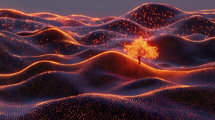 Poster - Illuminated tree on rolling hills at dusk digital art surreal landscape calm aesthetic wide-angle view
