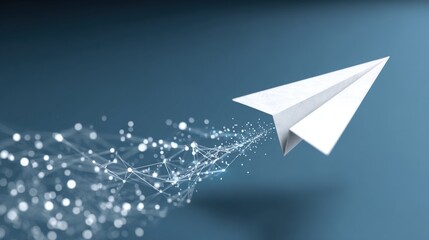 Fototapete - Modern white paper airplane flying through digital network with glowing particles
