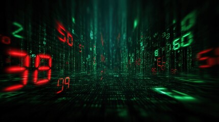 Fototapete - Futuristic digital technology scene with glowing numbers and green matrix codes