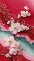Poster - Elegant pink and green layered textured background with delicate cherry blossoms