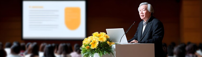 Poster - A financial planner presenting at a business conference, documentary photography style
