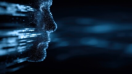 Fototapete - Futuristic digital human face composed of glowing particle technology dark blue background