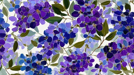 Poster - Vibrant Purple Blue Flower Pattern with Green Leaves on White Background in Artistic Style