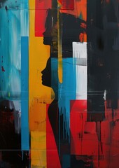 Poster - Abstract silhouette of a woman with colorful geometric shapes and bold brushstrokes