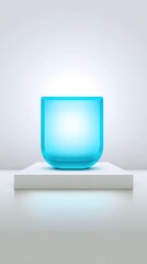 Poster - Minimalist blue glass cup on white surface with soft glow and clean background