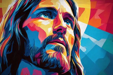 Poster - Artistic colorful portrait of a man with long hair and beard in a modern abstract style