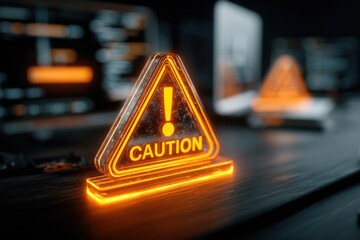 Poster - Bright Neon Caution Sign with Exclamation Mark on Dark Desk Surface in Modern Work Environment