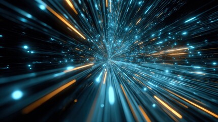 Poster - Vibrant Light Speed Motion Abstract with Dynamic Blue and Gold Lines and Sparks