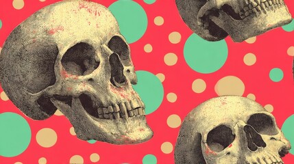 Poster - Detailed realistic skulls with textured surface on vibrant colorful dotted background