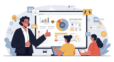 Poster - Business presentation success with data analysis in professional meeting design vector illustration