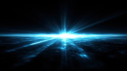 Poster - Bright Blue Light Burst Over Dark Night Sky with Radiating Beams and Reflection
