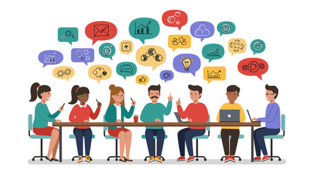 Poster - Collaborative team meeting with business and technology concepts for communication design vector illustration
