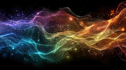 Poster - Vibrant Colorful Abstract Wave Patterns with Sparkling Particles and Glowing Effects