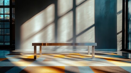Poster - A minimalist scene featuring a sleek metal table casting artistic shadows on a colorful rug, emphasizing the harmony between light and space in a modern interior.