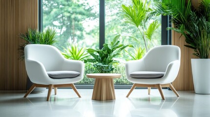 Poster - A modern, minimalist living room features stylish white chairs and a small wooden table, bringing together a fresh look that emphasizes simplicity and a connection with nature.