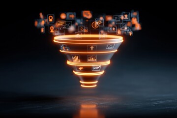 Fototapete - Digital Data Funnel Concept with Orange Glowing Lines and Connected Icons
