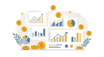 Poster - Financial growth analysis with charts and coins for investment and business strategy design vector illustration