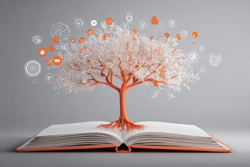 Fototapete - Open book with a large tree growing from its pages and digital icons floating around