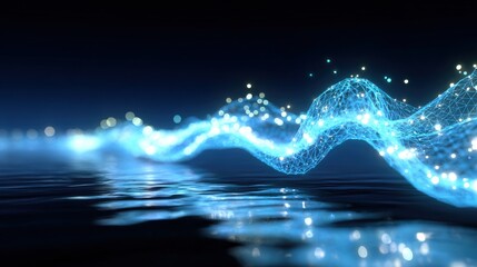 Fototapete - Abstract Digital Wave Light Flow Over Water Surface Illuminated Night Sky