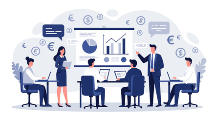 Poster - Business meeting concept with team discussing financial growth strategy for presentation design vector illustration